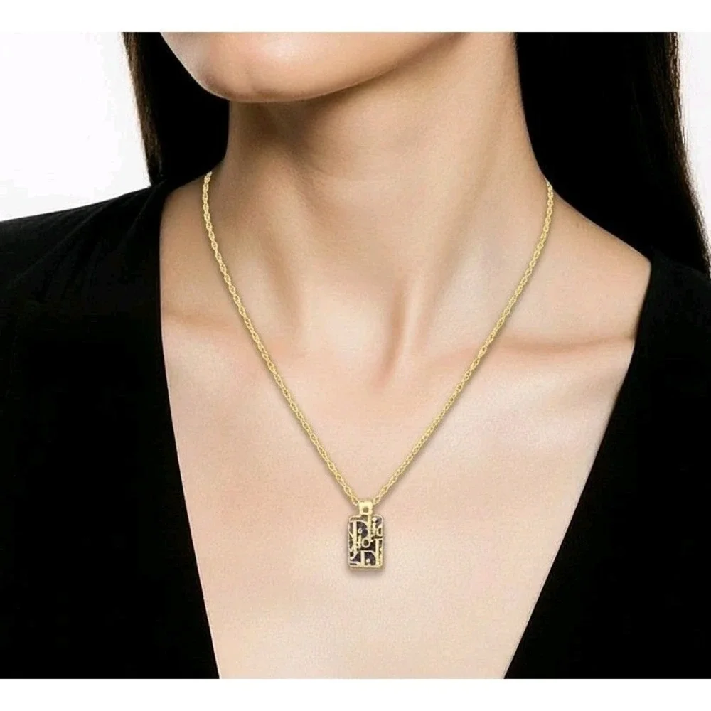 Christian Dior Vintage Monogram Oblique Pendant Necklace‎ Gold Tone Blue Logo